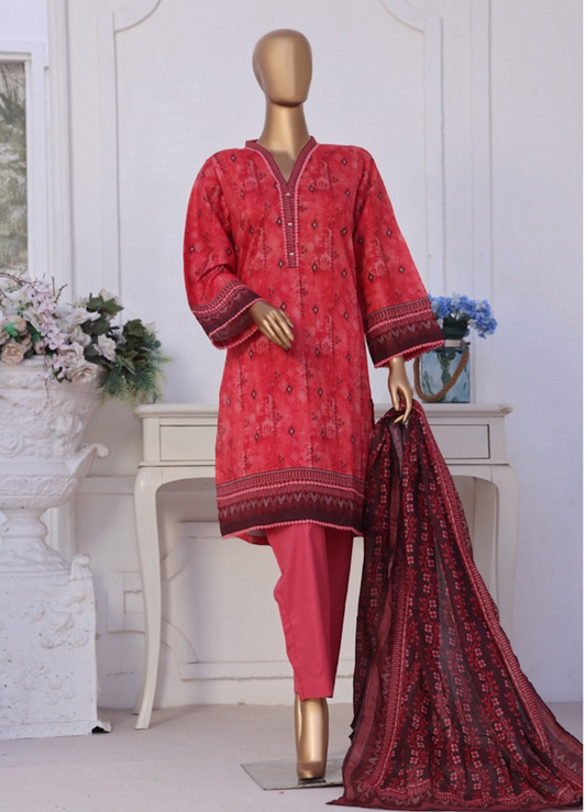 Premium cotton printed lawn stitched (red)
