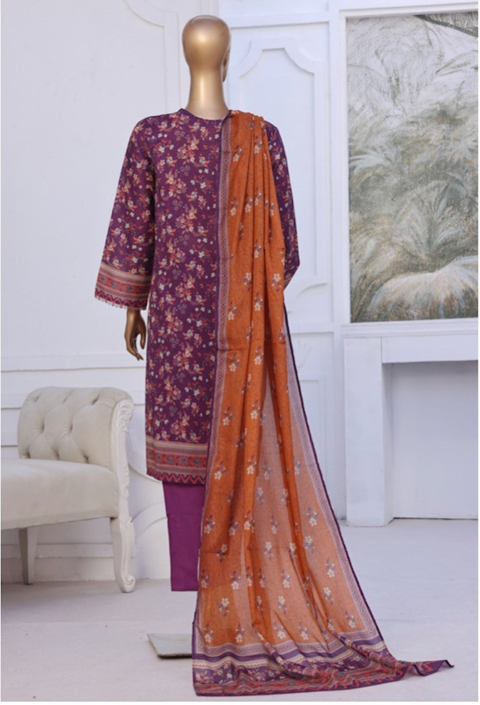 Premium cotton printed lawn stitched (purple)