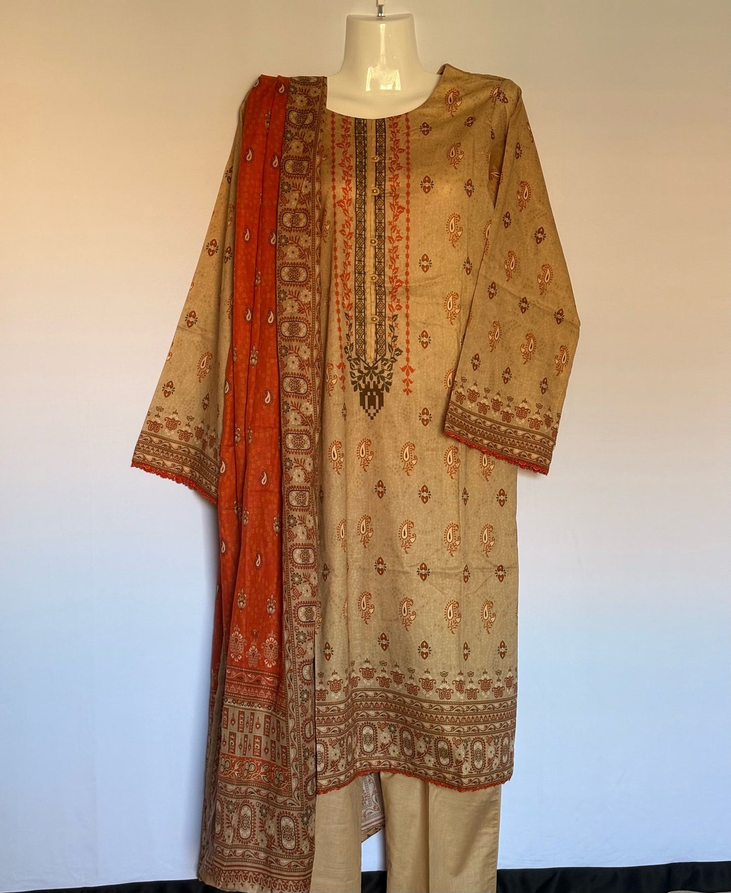 Premium cotton printed lawn stitched (Tan)