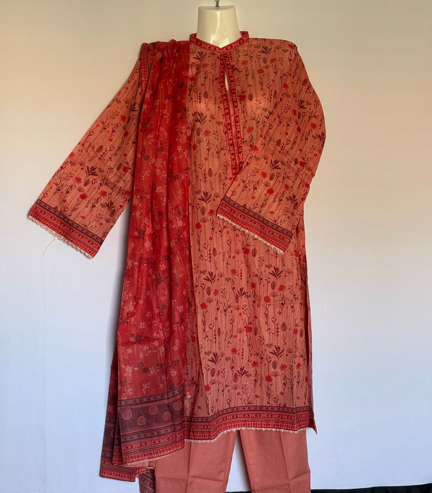 Premium cotton printed lawn stitched (light red)