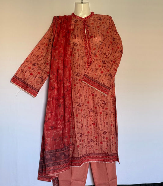 Premium cotton printed lawn stitched (light red)