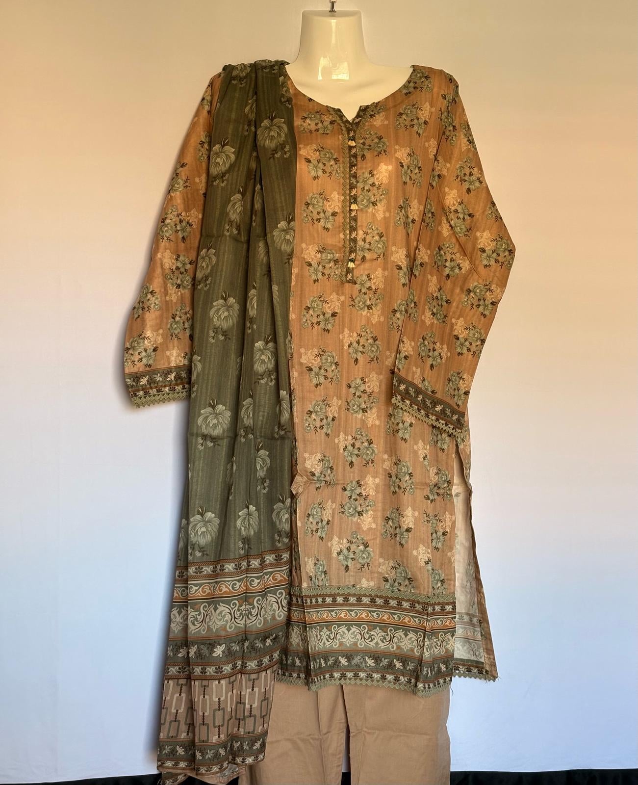 Premium cotton printed lawn stitched Tan color