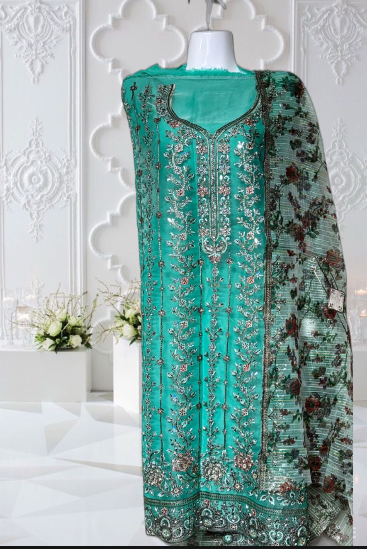 Lady 3 Piece Hand Embroidery Shapon Set (blue)