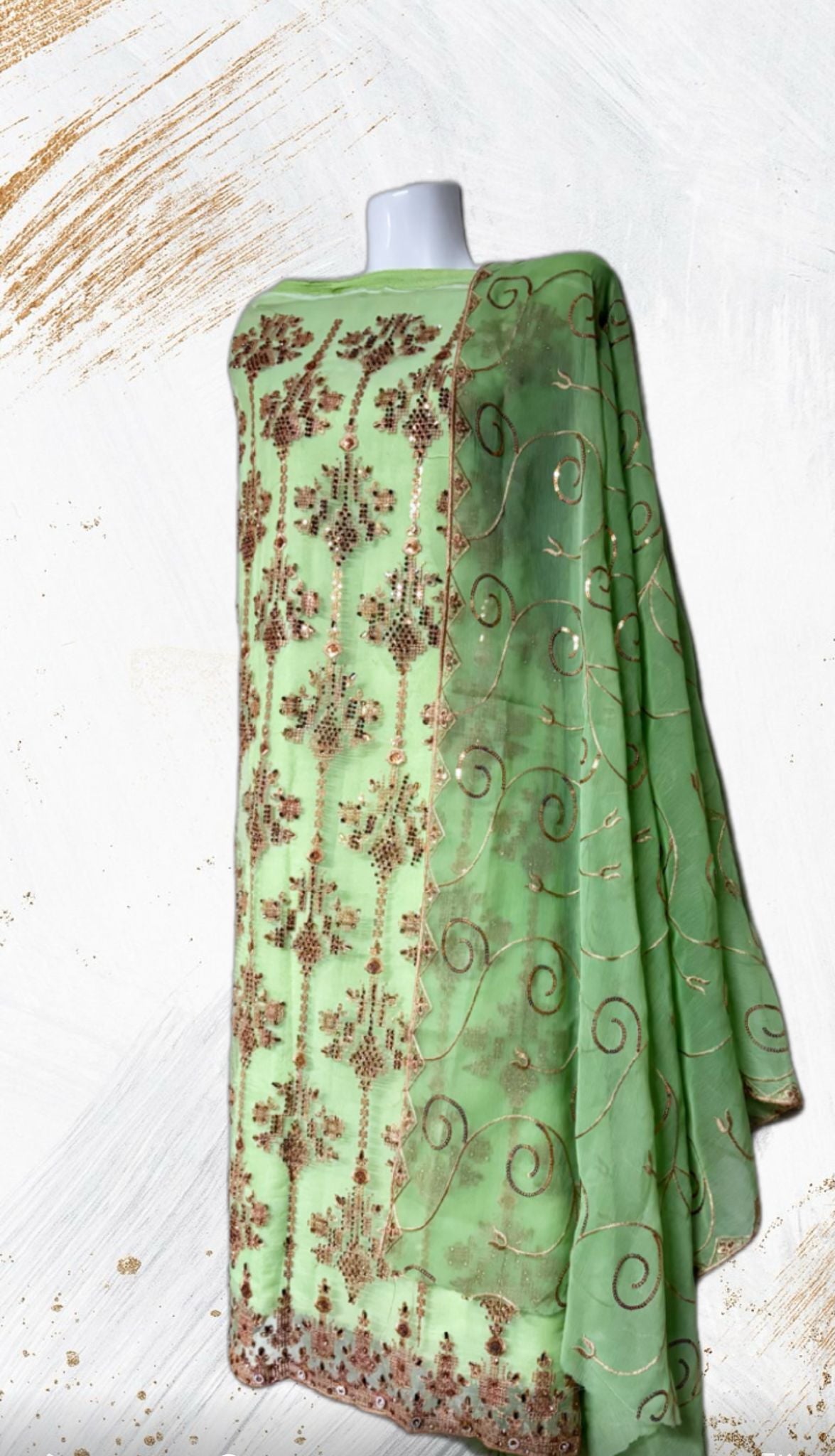 Lady 3 Piece Hand Embroidery Shapon Set (light green and Hand Embroidery gold)