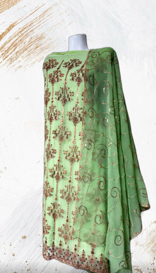 Lady 3 Piece Hand Embroidery Shapon Set (light green and Hand Embroidery gold)