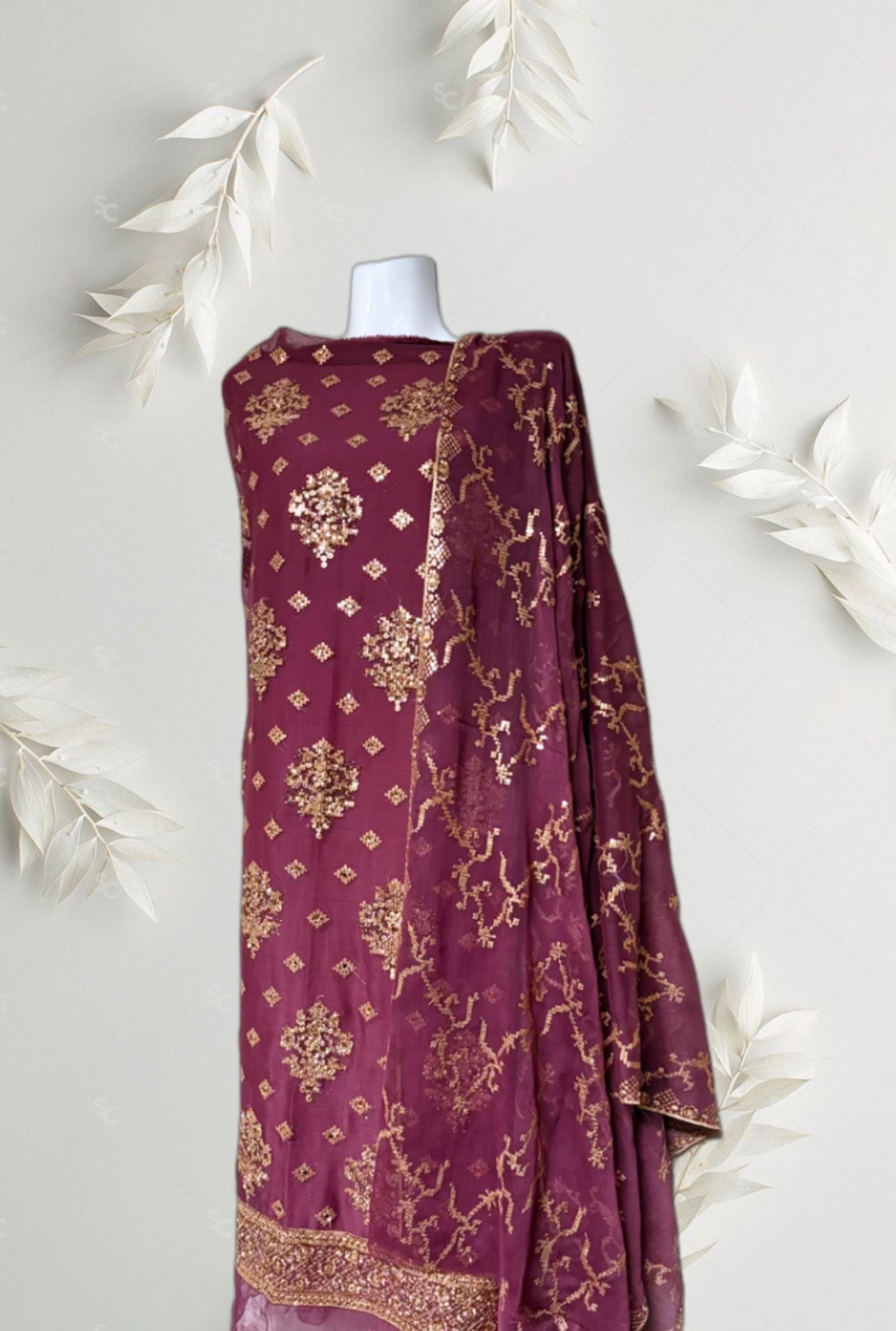 Lady 3 Piece Hand Embroidery Shapon Set (dark red and Hand Embroidery gold)