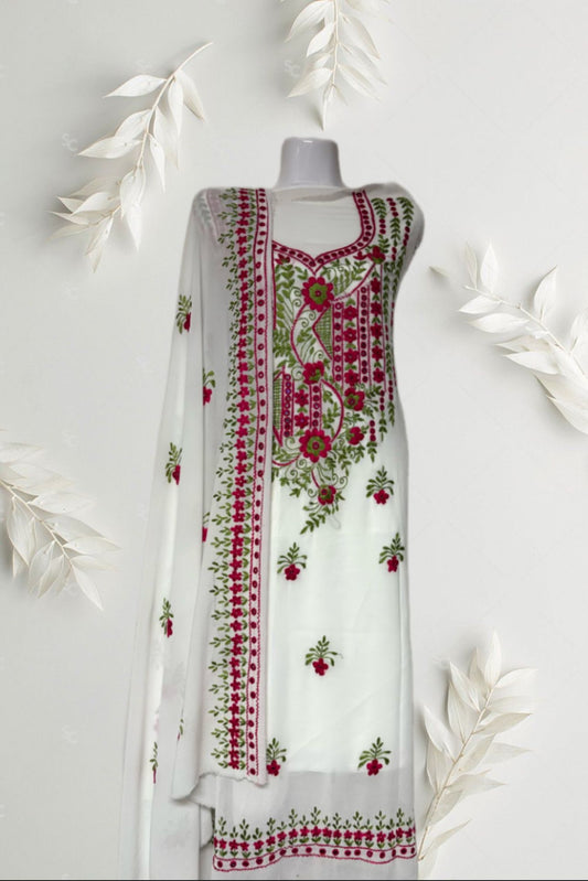 Lady 3 Piece Hand Embroidery Set(white and Hand Embroidery pink and green)